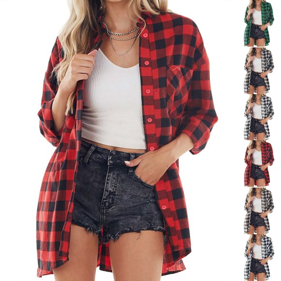 Xuniizn Chemises pour Femmes à Manches Longues en Flanelle, Chemise Décontractée à Col Rabattu avec Boutons, Manteaux à Carreaux avec Poches, Tenues d'Automne, P-2TG