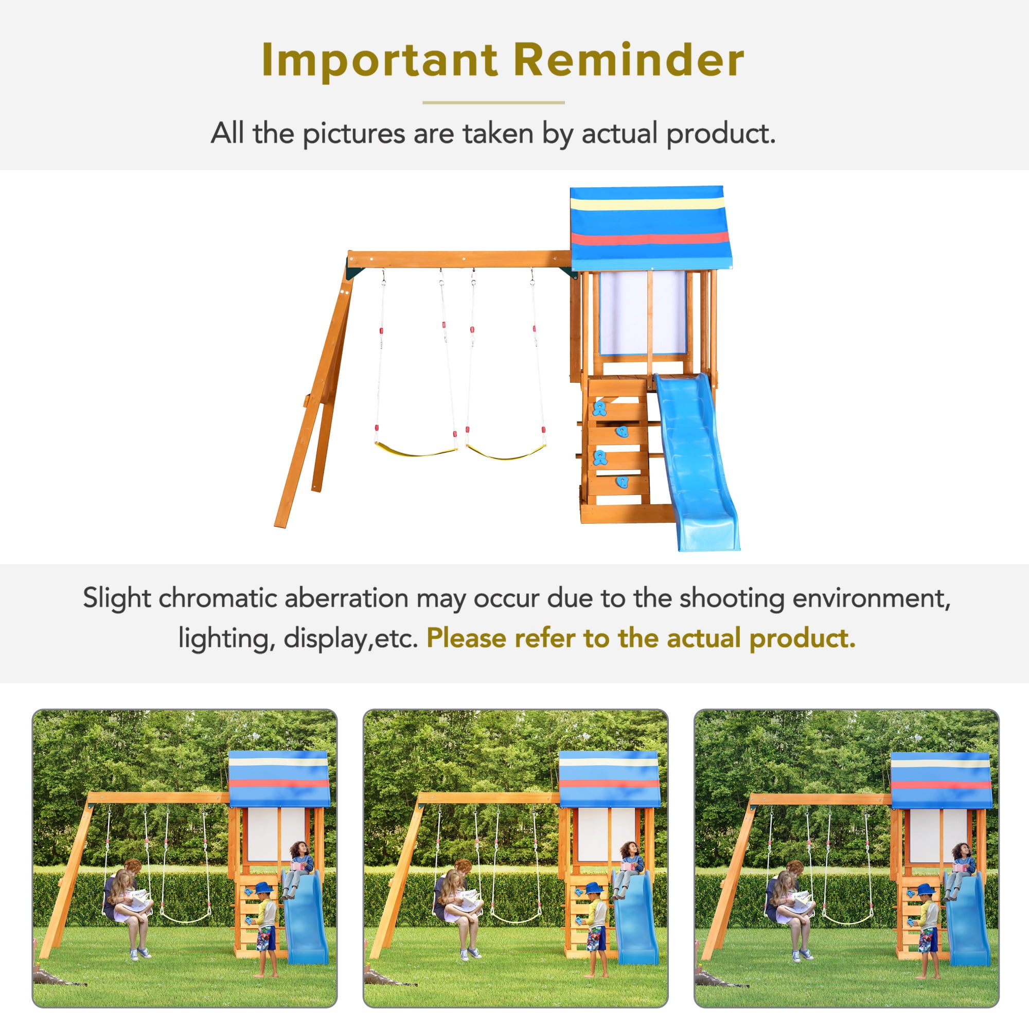 Wooden Outdoor Swing Set, SHINPT All-in-One Kids Outdoor Play Equipment for Kids Age 3-12 with Wave Slide, 2 Swings, Climbing Wall, Canopy Roof and Ladder, Kids Playground for Backyard, Garden, Park