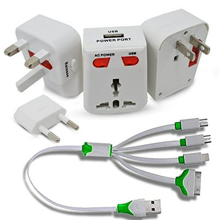 4in Cable - Universal Travel World Wide Charger Adapter Plug With USB, White + 4 in 1 Cable Connector With Micro USB, Mini USB, Lighting 30 Pin, for iPhone 6, 5, 4, iPad 4,3,2,Air,Galaxy S, Android Phones, More