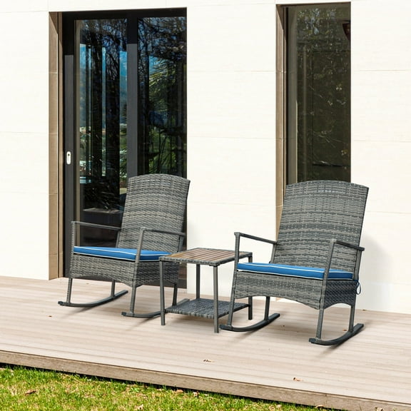 Outsunny 3 Piece Patio Rocking Chair Set, 2 PE Wicker Rocking Chairs, Cushioned, 1 Two-Tier Wood Slat Coffee Table, Rattan Front Porch Furniture, Blue