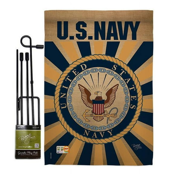 Breeze Decor BD-MI-GS-108394-IP-BO-D-US18-UN 13 x 18.5 in. Navy Burlap Americana Military Impressions Decorative Vertical Double Sided Garden Flag Set with Banner Pole