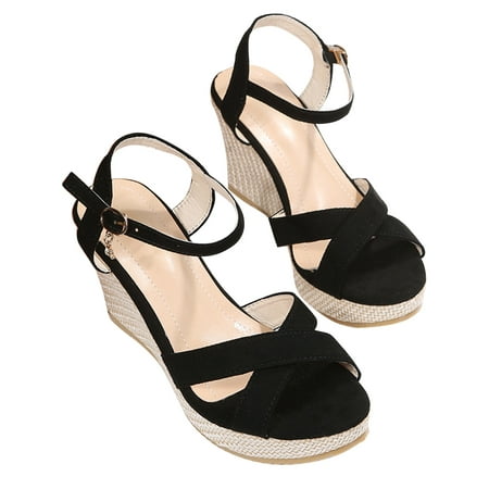 

Lhked New Thick Sole Round Toe Slope Heel Sandals Women s High Heel Casual Shoes Summer Comfort Sandals Mother s Day Gifts& Black