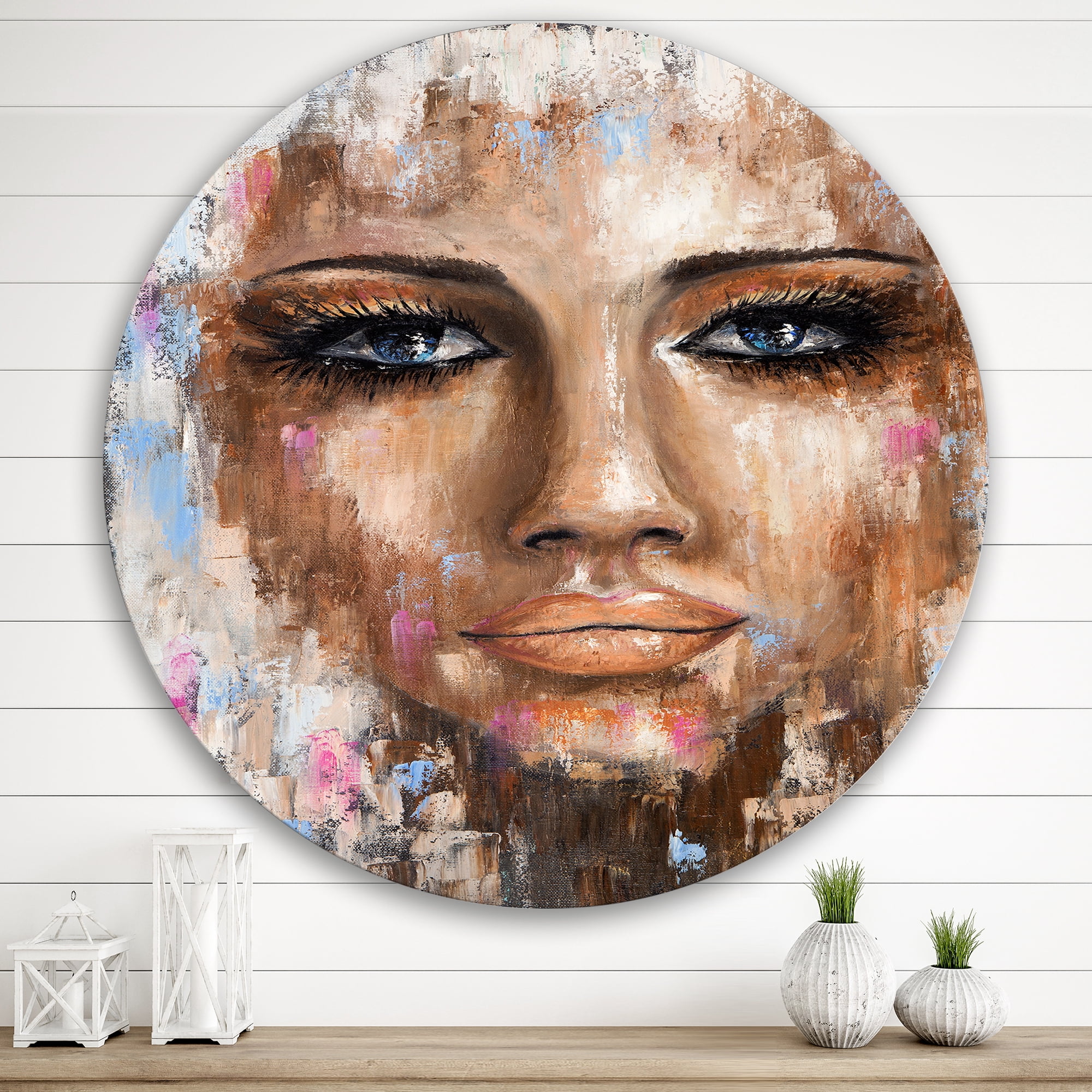 Designart 'Abstract Portrait Of A Young Woman With Blue Eyes I' Modern Circle Metal Wall Art 36x36 - Disc of 36