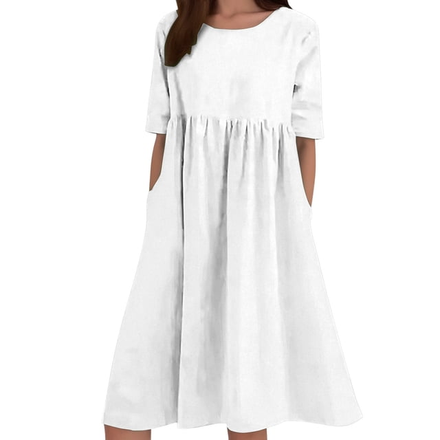 HXWCHs Robe Évasée pour Femme en Mélange de Lin, Robe Décontractée à Manches Courtes avec Poches Latérales, Blanc XXXXXL