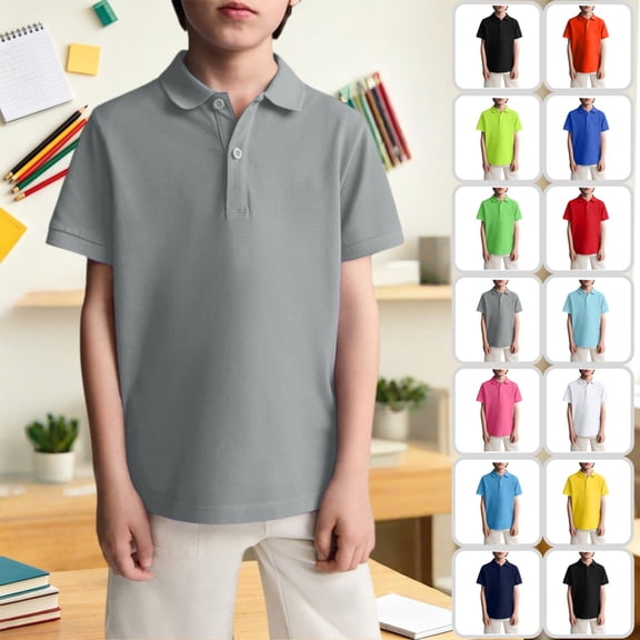 Mfakffe Kids Polo Shirts Back To School Short Sleeve School Uniform Summer Casual Tshirt Vacation Lapel Collar Tops (Gray, 8-9 Years)