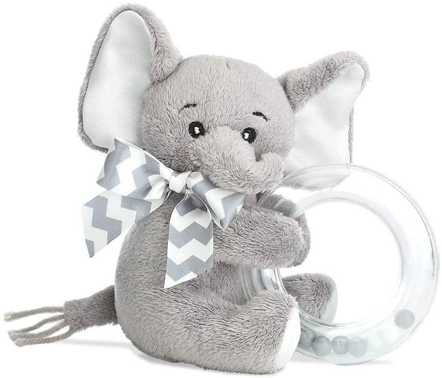 Bearington Baby Lil' Spout Plush Stuffed Animal Gray Elephant Shaker Toy Ring Rattle, 5.5 inches