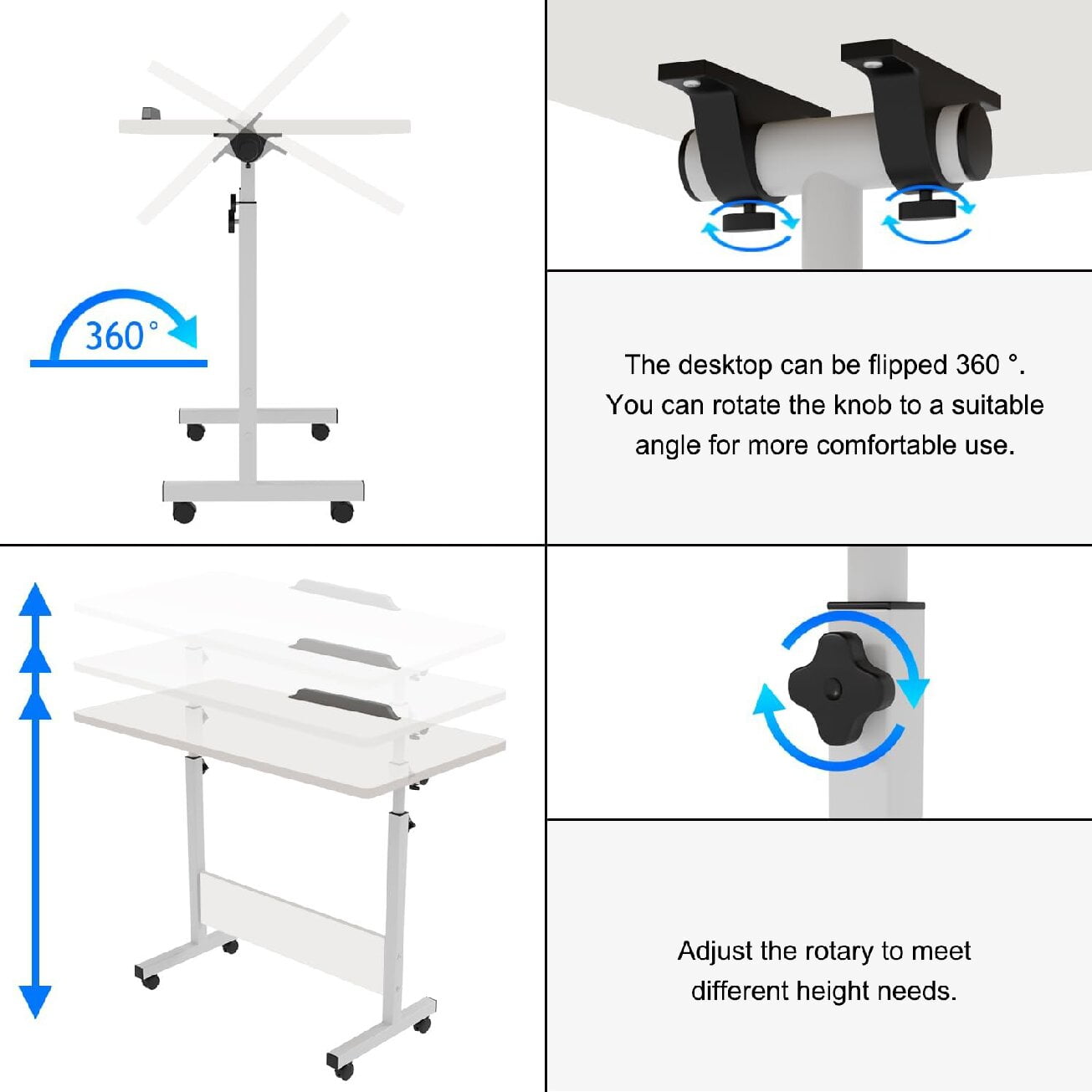 Small Rolling Computer Cart,Adjustable Height Home Office Desk，Portable Laptop Desk for Adults,Natural