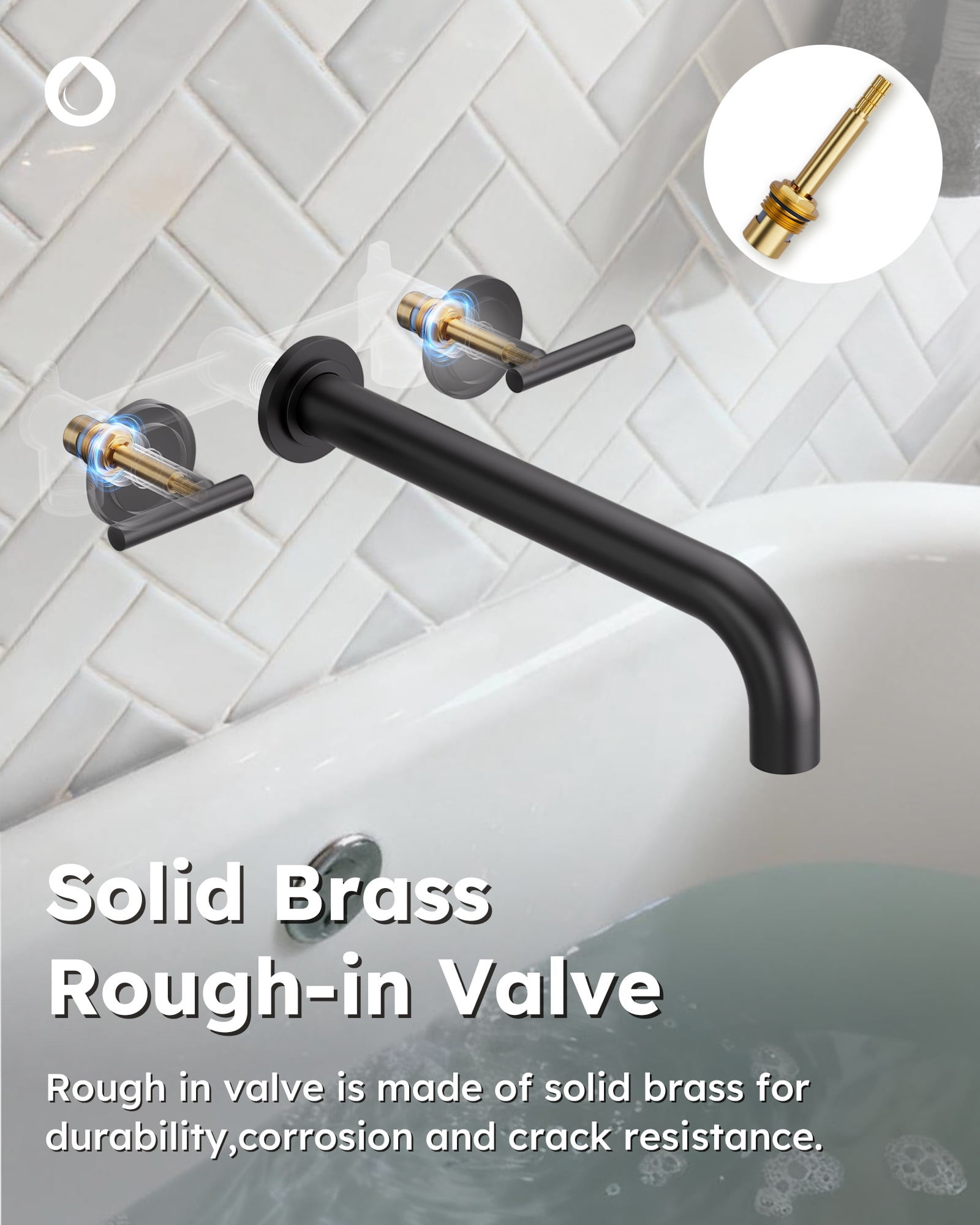 Wowow Wall Mount Tub Filler: Matte Black Tub Faucet High Flow Two Handles Solid Brass, Long Spout Reach, Bathroom Bathtub Faucets with 2 Handles Tub Faucet with Brass Rough in Valve Included