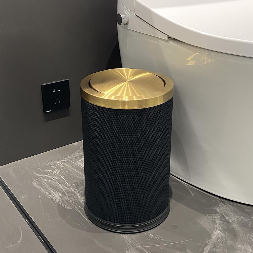 2.4 Gallon Bathroom Trash Can with Lid, Pu Leather Modern Garbage Can, Round Decorative Waste Basket, for Near Desk, Powder, Bedroom, Hotel, Office, Home