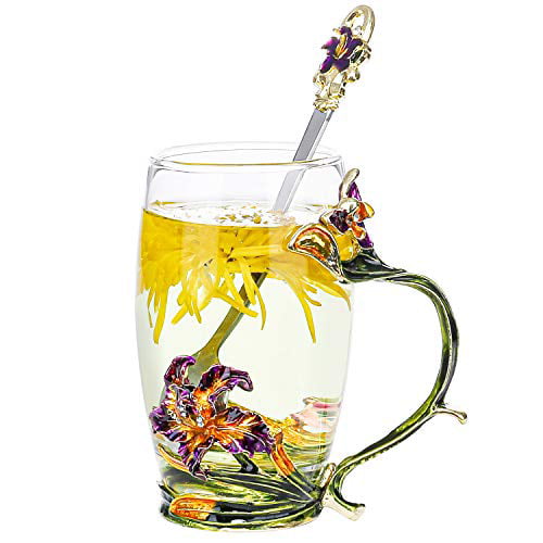 COAWG Flower Glass Tea Cup, 11OZ Enamel Handmade Clear Coffee Mug Decorated  with Daisy Flower Great Gift Idea for Women, Sister, Wife, Mother,  Christmas Thanksgiving`s Day New Year (11OZ-Iris) - Walmart.com