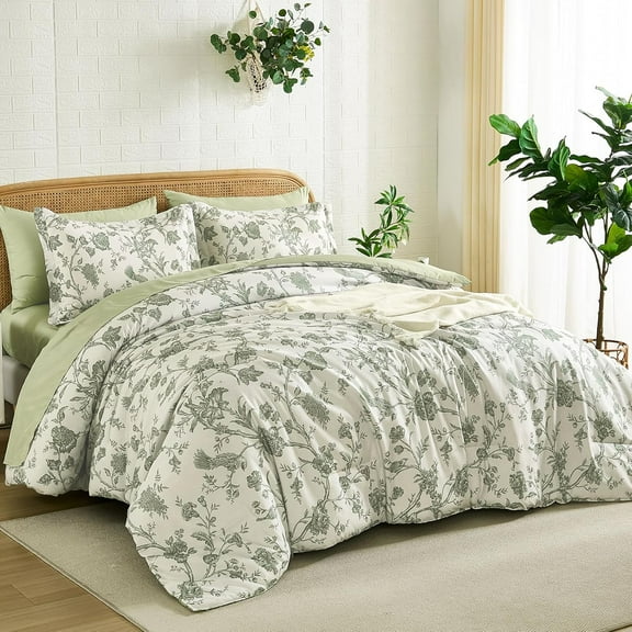 Floral King Comforter Set 7 Pieces Bed in a Bag, Sage Green Flower with Bird Bedding Set, Soft Reversible Comforter with Sheet Set 104"x90"