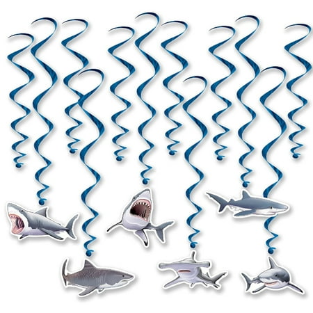 Beistle Set of 72 Blue and Silver Shark Party Whirls 25”