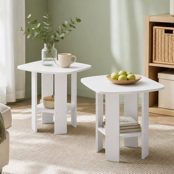 2-Tier White End Table Set of 2 – Open Shelf Bedside Table for Bedroom or Living Room