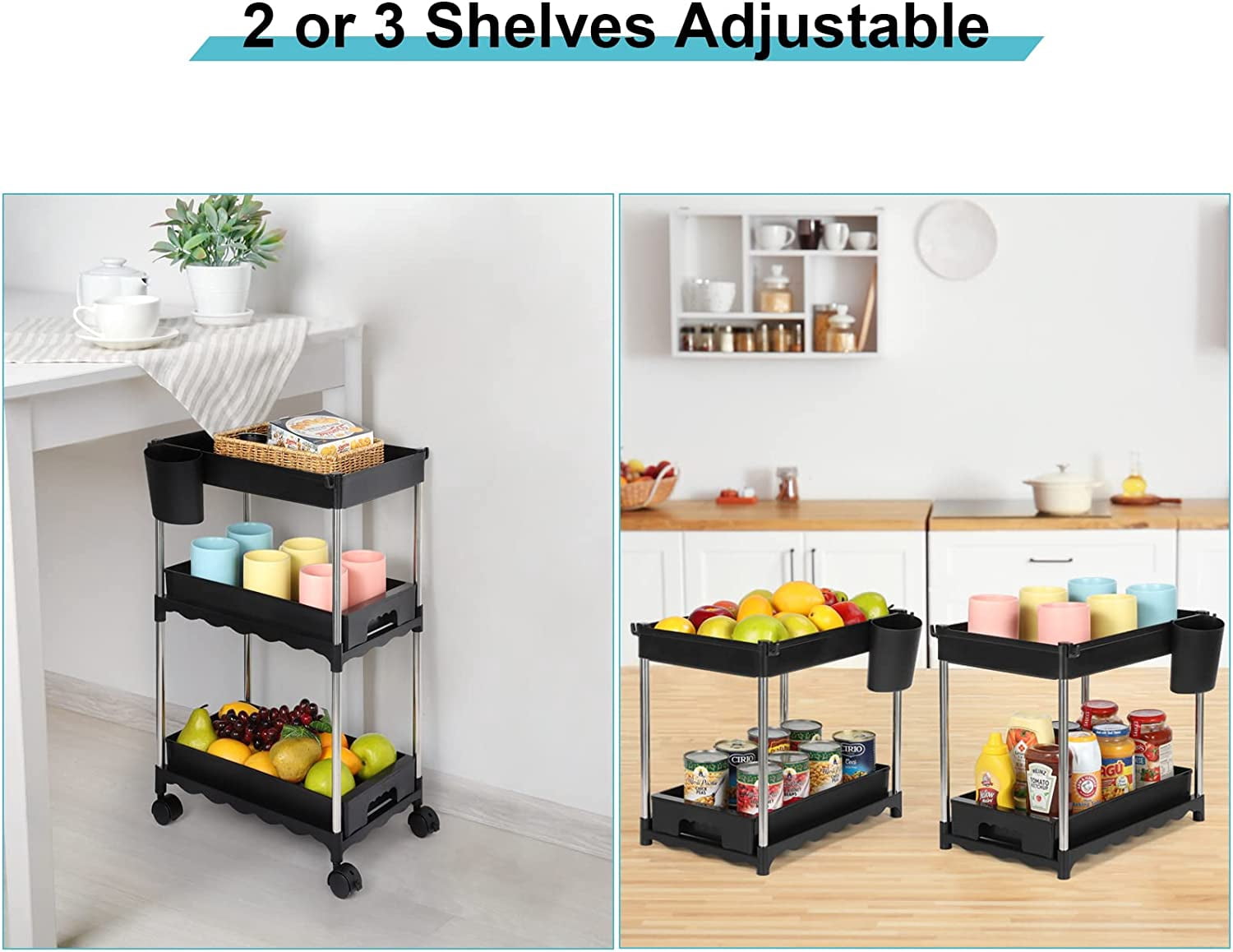 3 Tier Utility Rolling Cart with Sliding Storage Drawer, with Hanging Cup and 4 Hooks, Black