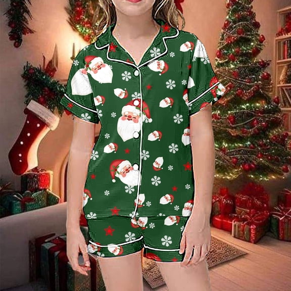 Girls Outfits Set for Girls Casual Pajamas with Christmas Print Button Down Lapel Short Sleeved Top and Shorts for Everyday Wear