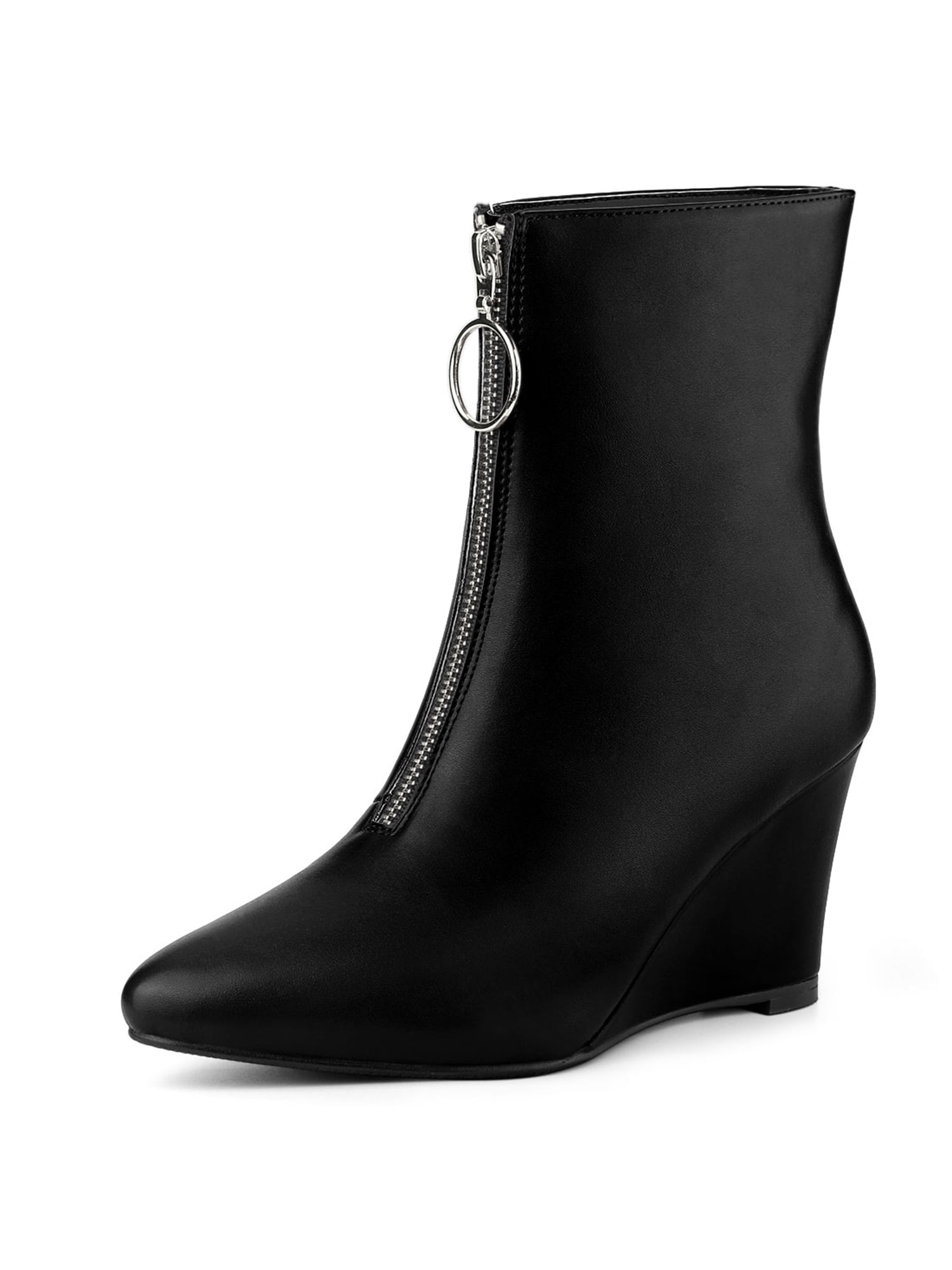 Allegra K Women's Front Zip Pointed Toe Mid Calf Wedge Boots Black