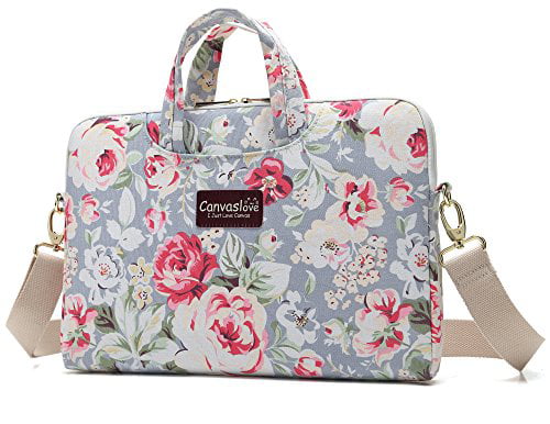 Canvaslove White Rose Pattern Waterproof Laptop Shoulder Messenger Bag Case with Rebound Bubble Protection for 14 inch to 15.6 inch Laptop 
