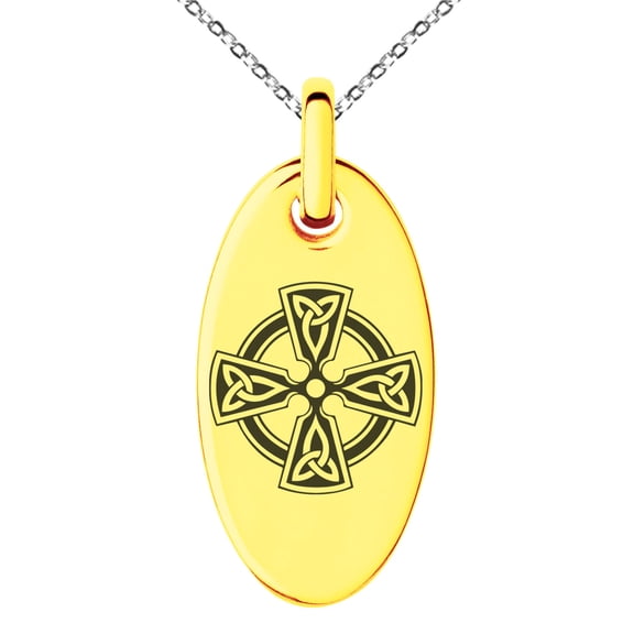 Stainless Steel Celtic Cross Triquetra Knot Engraved Small Oval Charm Pendant Necklace