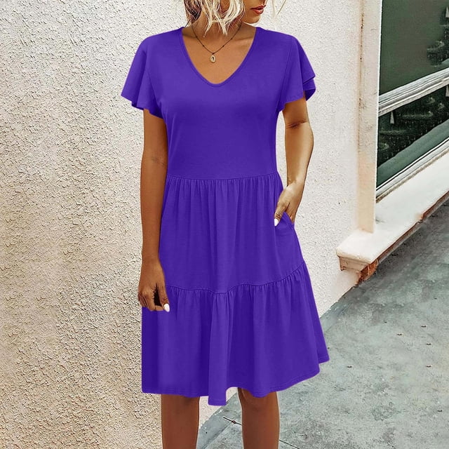 Puntoco Vestido De Manga Corta Con Cuello En V, Vestido Largo Informal Con Volantes De Color Sólido Y Bolsillo Con Cuello En V Suelto Para Mujer Púrpura Xxl