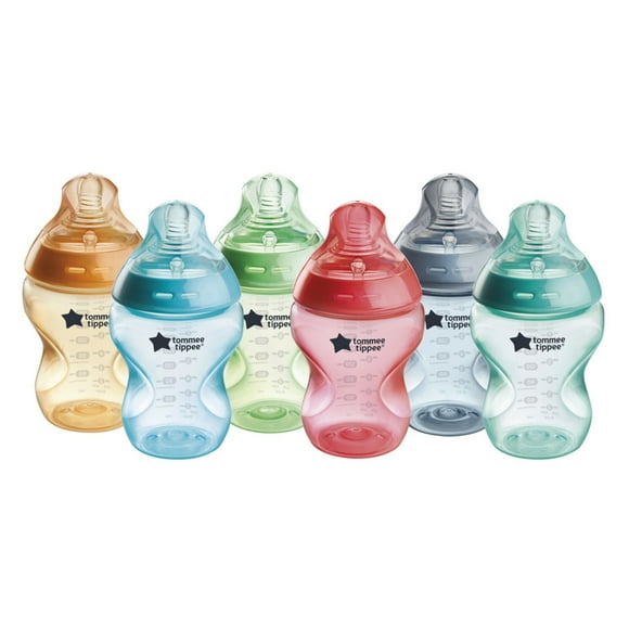 Tommee Tippee Natural Start Anti-Colic Colorful Baby Bottles, 9oz, Slow-Flow Breast-Like Nipple for a Natural Latch, Anti-Colic Valve, Fiesta, Pack of 6