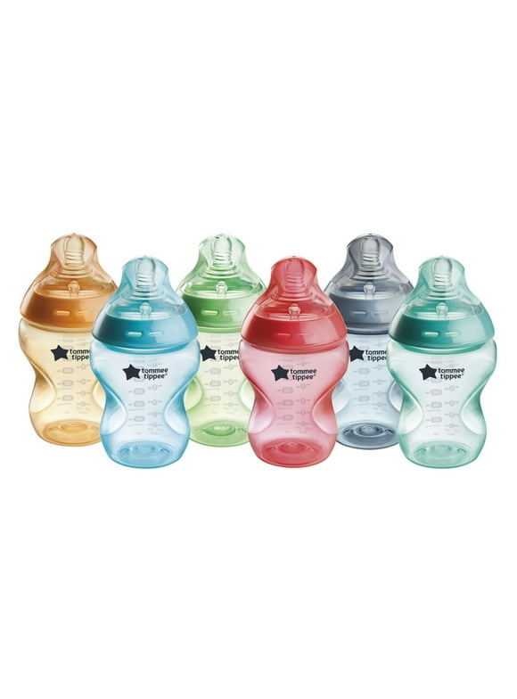 Tommee Tippee Natural Start Anti-Colic Colorful Baby Bottles, 9oz, 0 month+, Slow-Flow Breast-Like Nipple for a Natural Latch, Anti-Colic Valve, Fiesta, Pack of 6