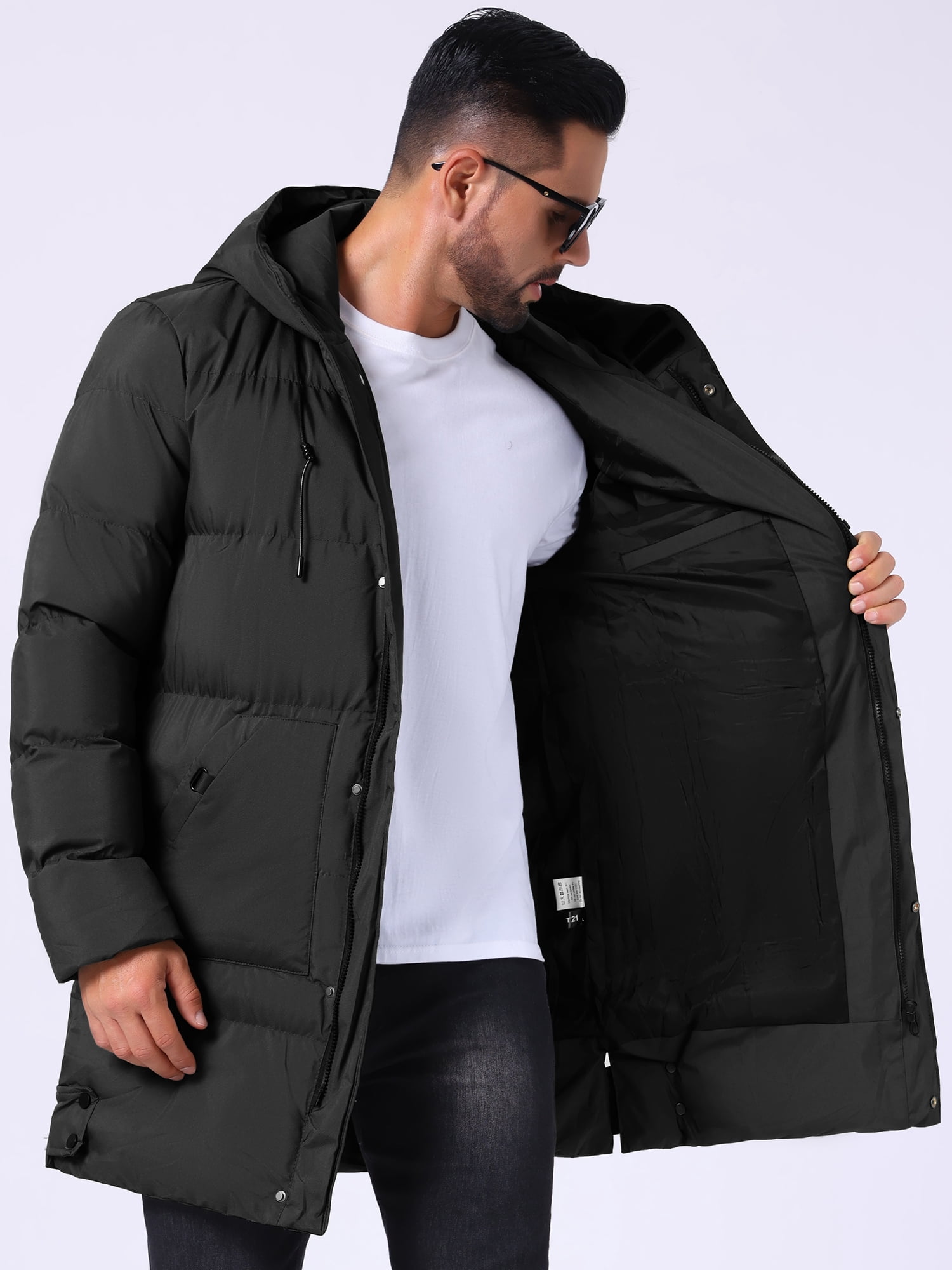 DARING DIVA Men's Mid-Length Outerwear Zipper Quilted Hooded Padded Coat XL Black