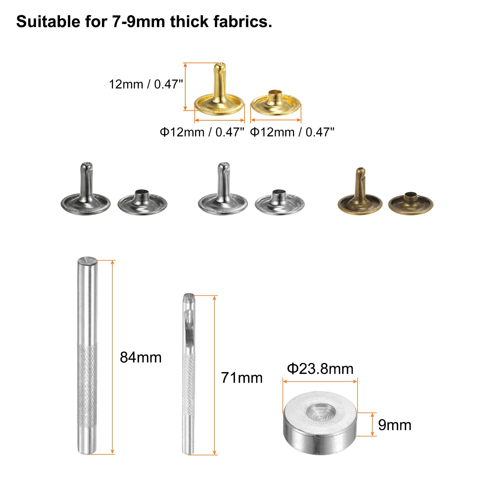 400 Sets Leather Rivets 12 x 12mm Metal with 3 Setter Tools, 4 Colors