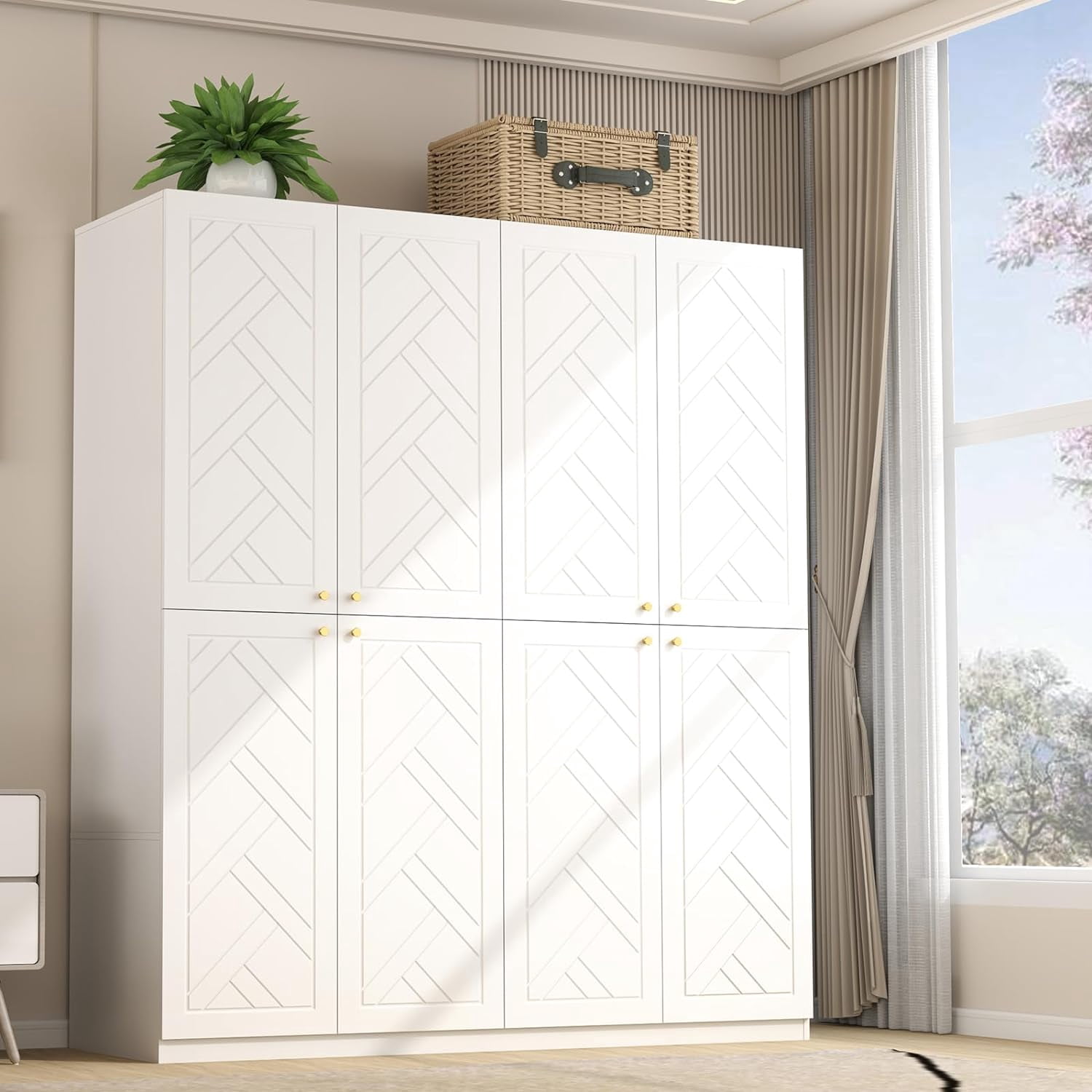 VINFORM Armoire Wardrobe Closet with 4 Doors, Wooden Wardrobe Armoire with 2 Drawers, Armoire Storage with Hanging Rods and Multi-Layer Shelves for Bedroom (White)