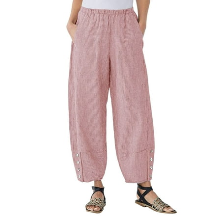 trousers asymmetrical elastic pockets harem striped loose waist pants legs casual wide button plus