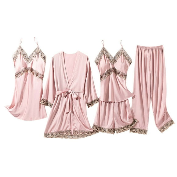Pajamas for Women Pijama Set Pjs Women's Five Piece Set with Breast Pads Love Rrint Ice Silk Nightgown Nightdress Home Clothes Pajama Set
