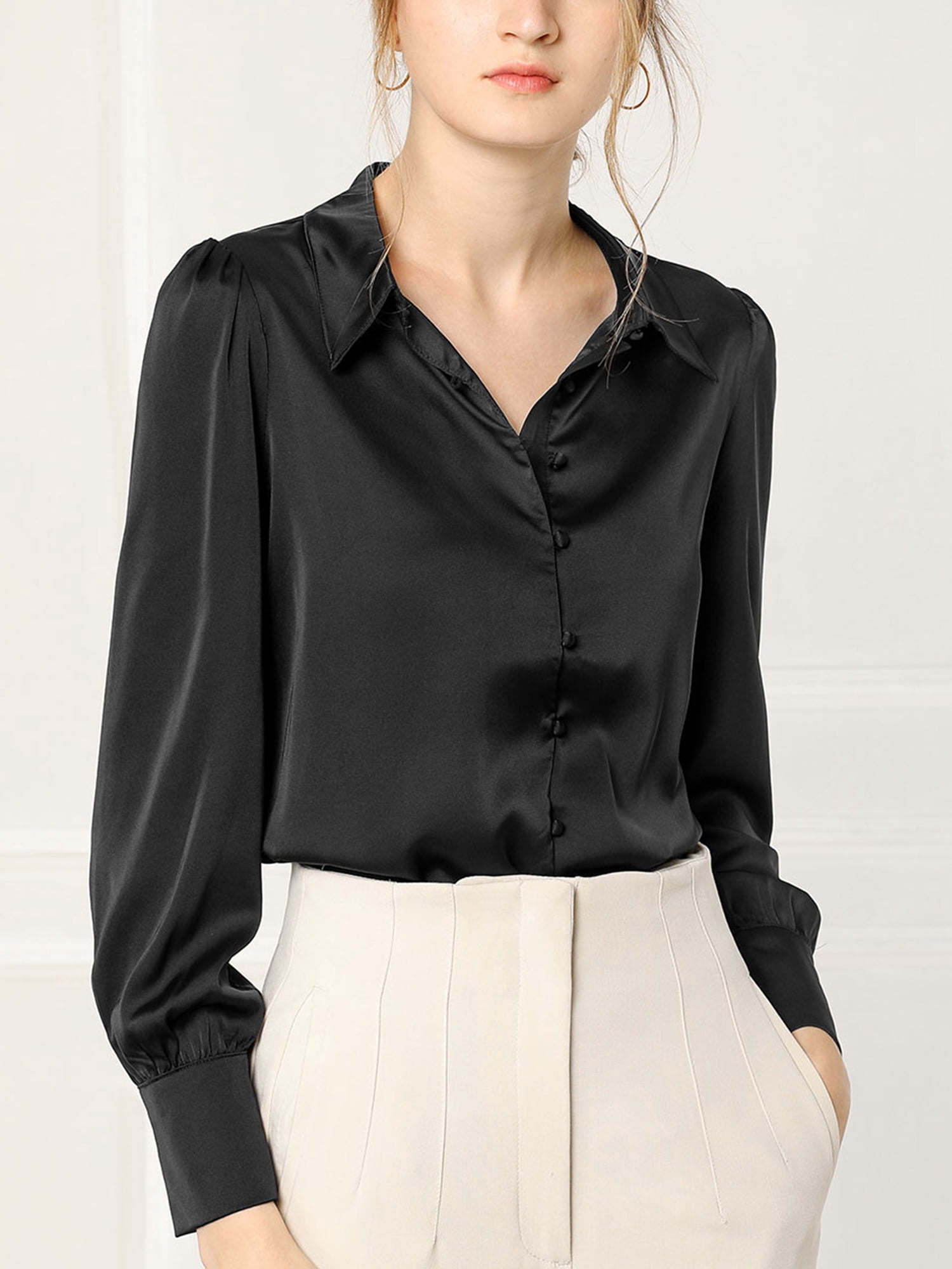 DARING DIVA Women's Satin Blouse Puff Long Sleeve Collared Button Down Shirt M Black