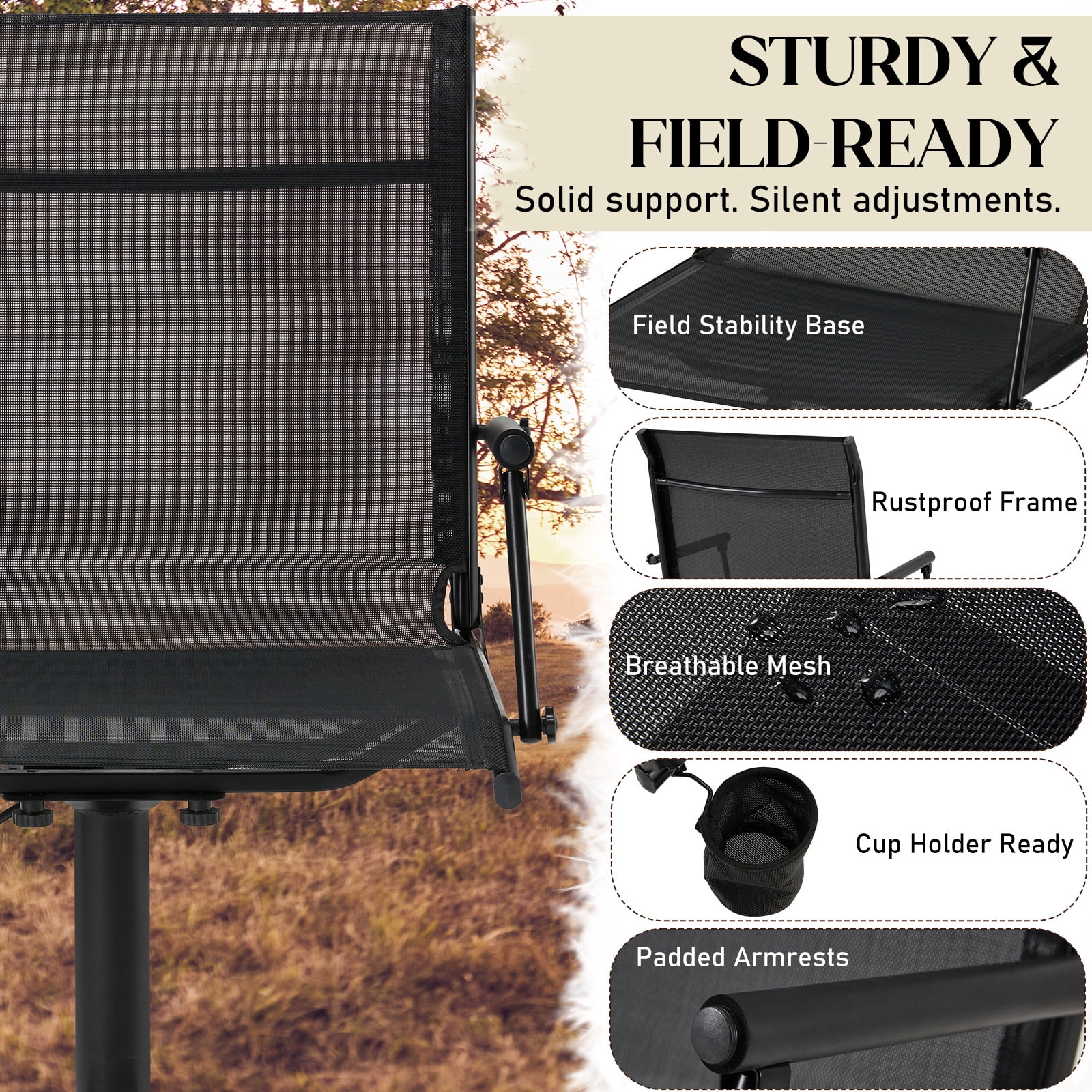 Danrelax Tall Pedestal Swivel Hunting Bar Chair, Footrest Ring, Mesh Back, Armrests