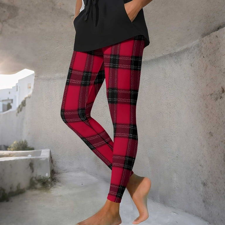 Christmas Leggings for Women High Elastic Waisted Pants Plaid