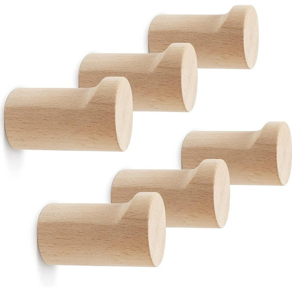 Wood Wall Hooks 6 Pack, Natural Wooden Coat Hooks Wall Mounted, Handmade Rustic Hat Hooks Heavy Duty Entryway Wall Hangers for Hanging Towels, Clothes, Bags (Beech Wood)