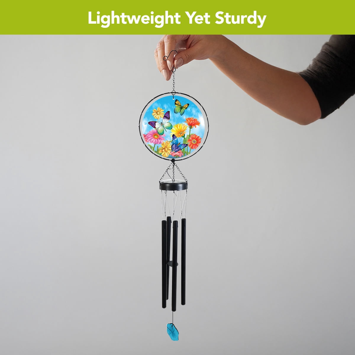 Briarwood Lane Spring LED Illuminated Solar Powered Glass Suncatcher  Wind Chime 37x8 Welcome Butterflies For Spring Wind Chime For Outdoors Melodic Metal Windchimes Wind-Chimes