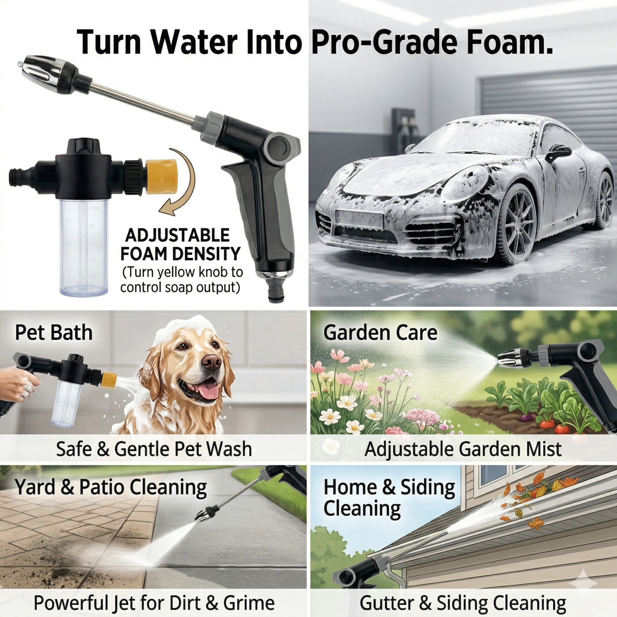 Heavy Duty High Pressure Garden Hose Nozzle - Power Washer Wand Attachment for Standard 3/4" Hose - Adjustable Spray Nozzle for Car Wash, Patio Cleaning, Pet Shower & Plant Watering - Leak-Proof