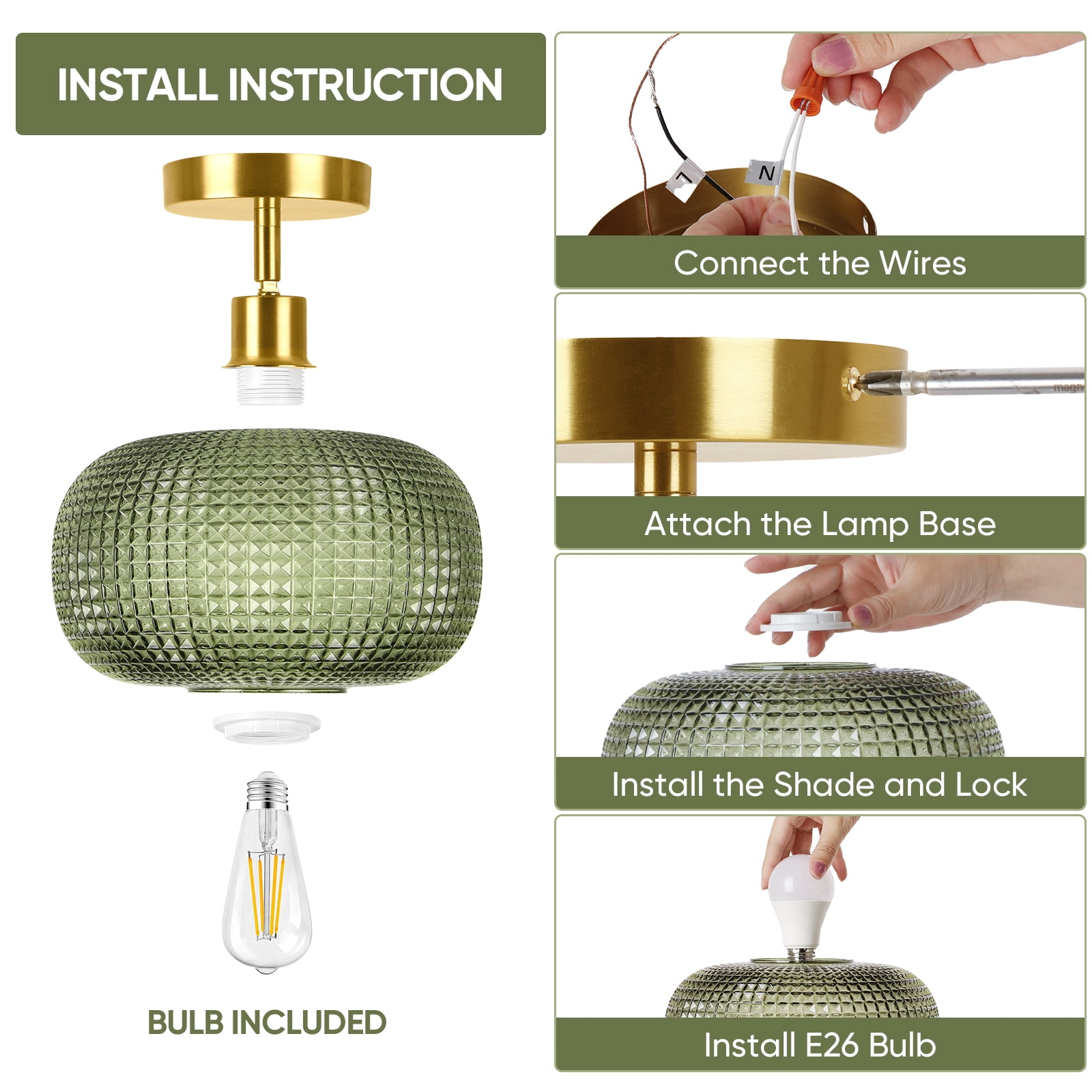 9.84'' Semi Flush Mount Ceiling Light, Adjustable Hanging Gold Sloped Ceiling Lights with Green Glass Shade