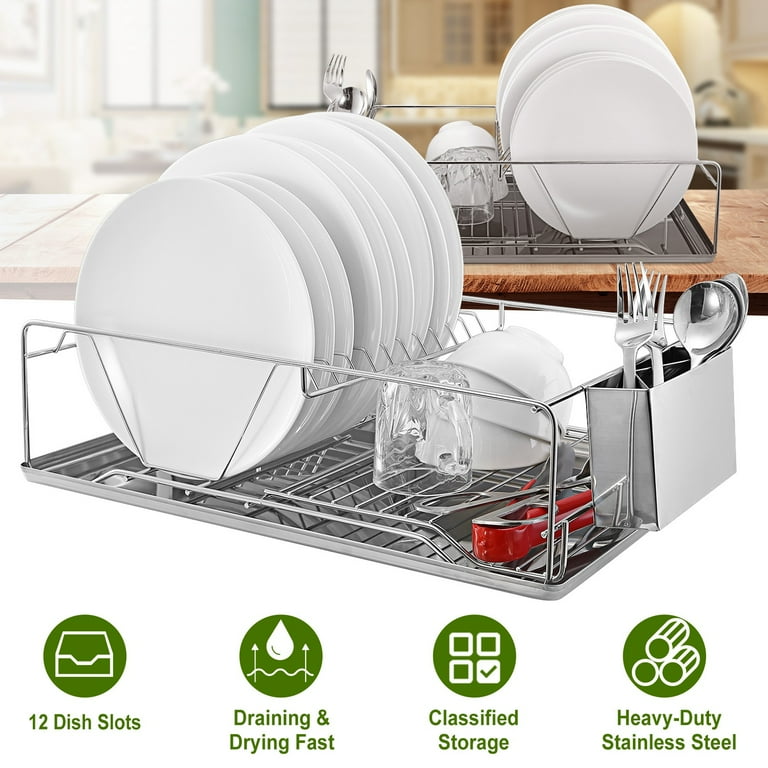 Dish Drying Rack, ZRSDIXKI Dish Rack Drain Set with Utensil Cups Holders  for Kitchen Counter, Cutting Board Holder, Stainless Steel Kitchen Dishes