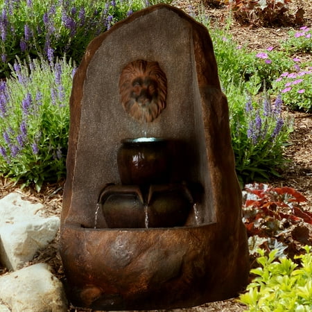 Outdoor Water Fountain With LED Lights- Lighted 3 Tier Lion Head Rock Fountain With Soothing Sound for Patio, Lawn and Garden Decor By Pure Garden