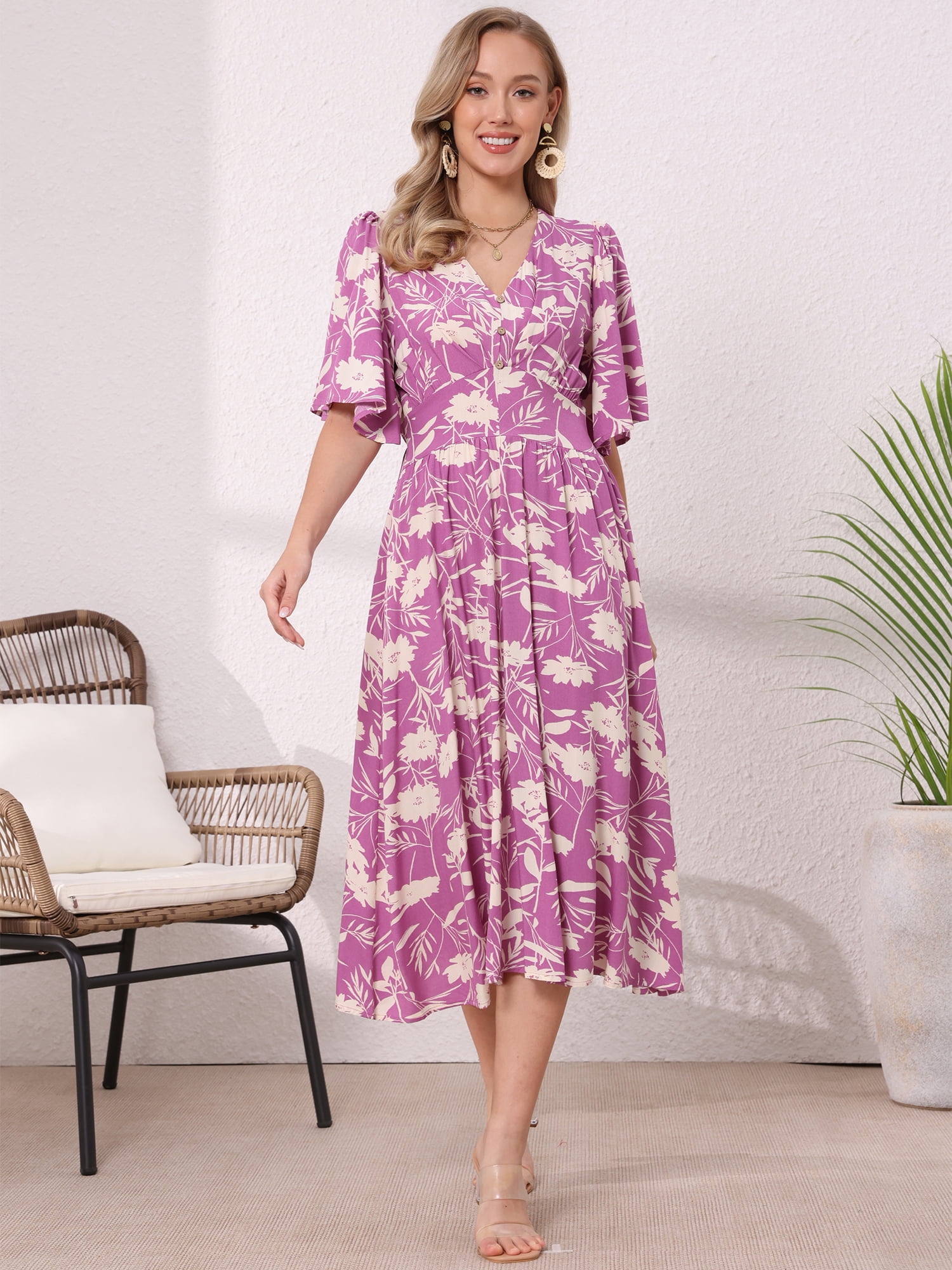 DARING DIVA Women's Floral Midi Flutter Sleeve V Neck Flowy Dresses S Purple