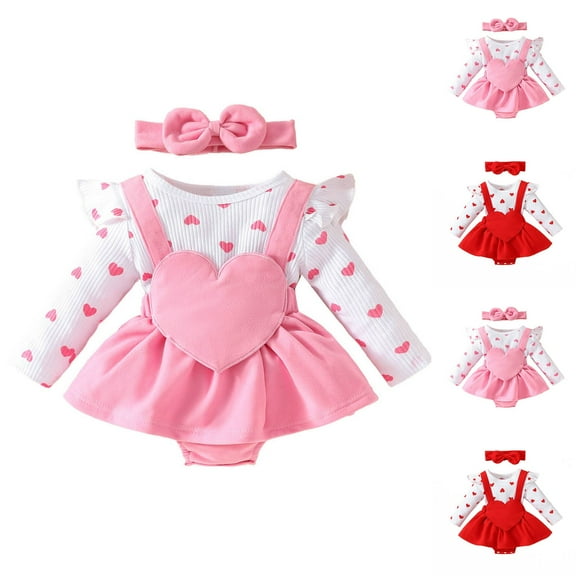 FAIWAD Toddler Baby Girls Valentines Day Outfits Ruffles Long Sleeve Tops and Romper Dress Matching Headband Suspender Skirt Set
