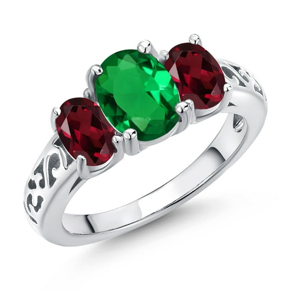Gem Stone King 925 Sterling Silver Green Nano Emerald and Red Rhodolite Garnet Filigree Style 3 Stone Ring for Women (1.75 Cttw, Oval 8X6MM and 6X4MM) (Size 5)