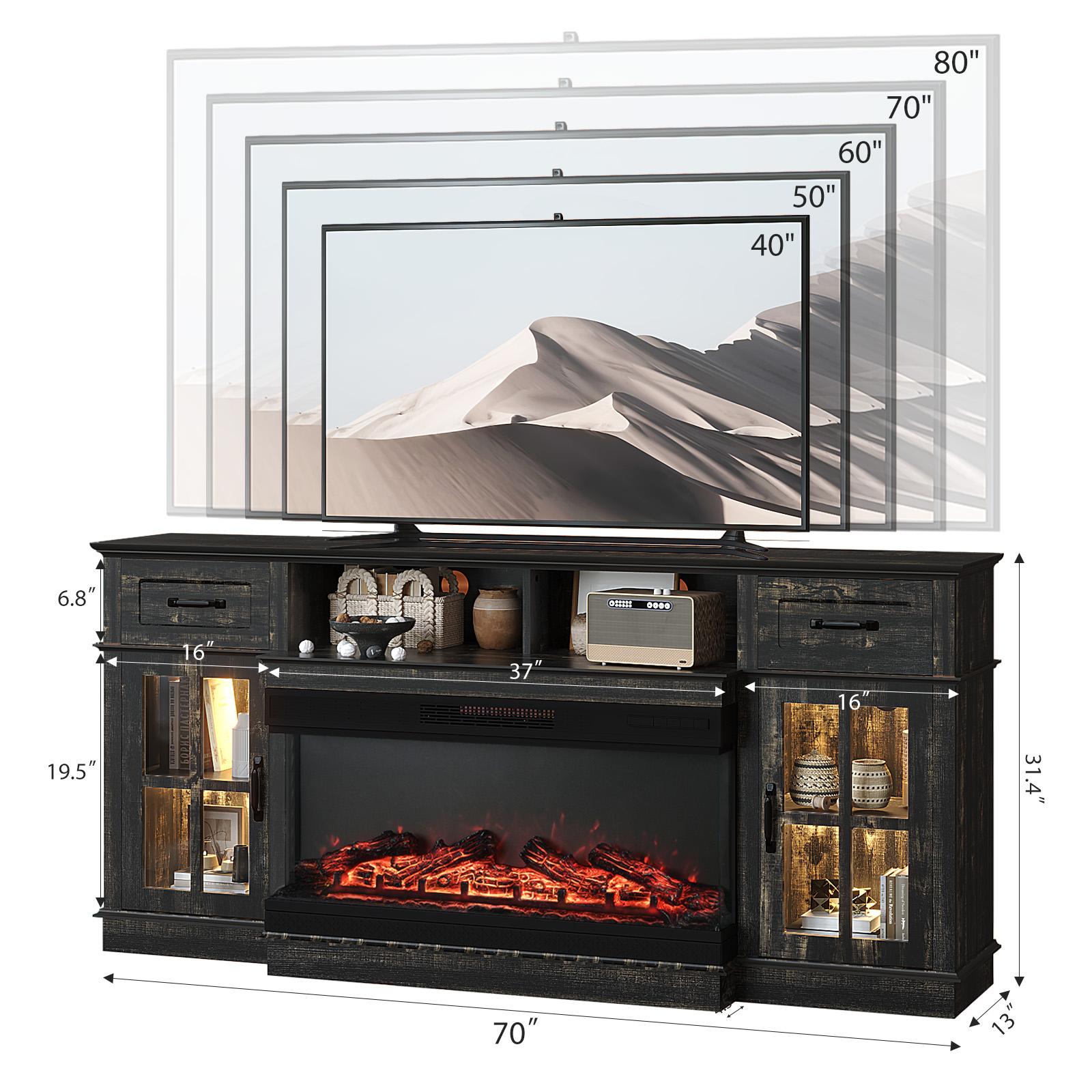 Ktaxon Modern 70" TV Stand with Fireplace, Entertainment Center with 36in Heater for 55/60/65/70" TVs with 2 Doors, Drawers & Shelves, Black Oak