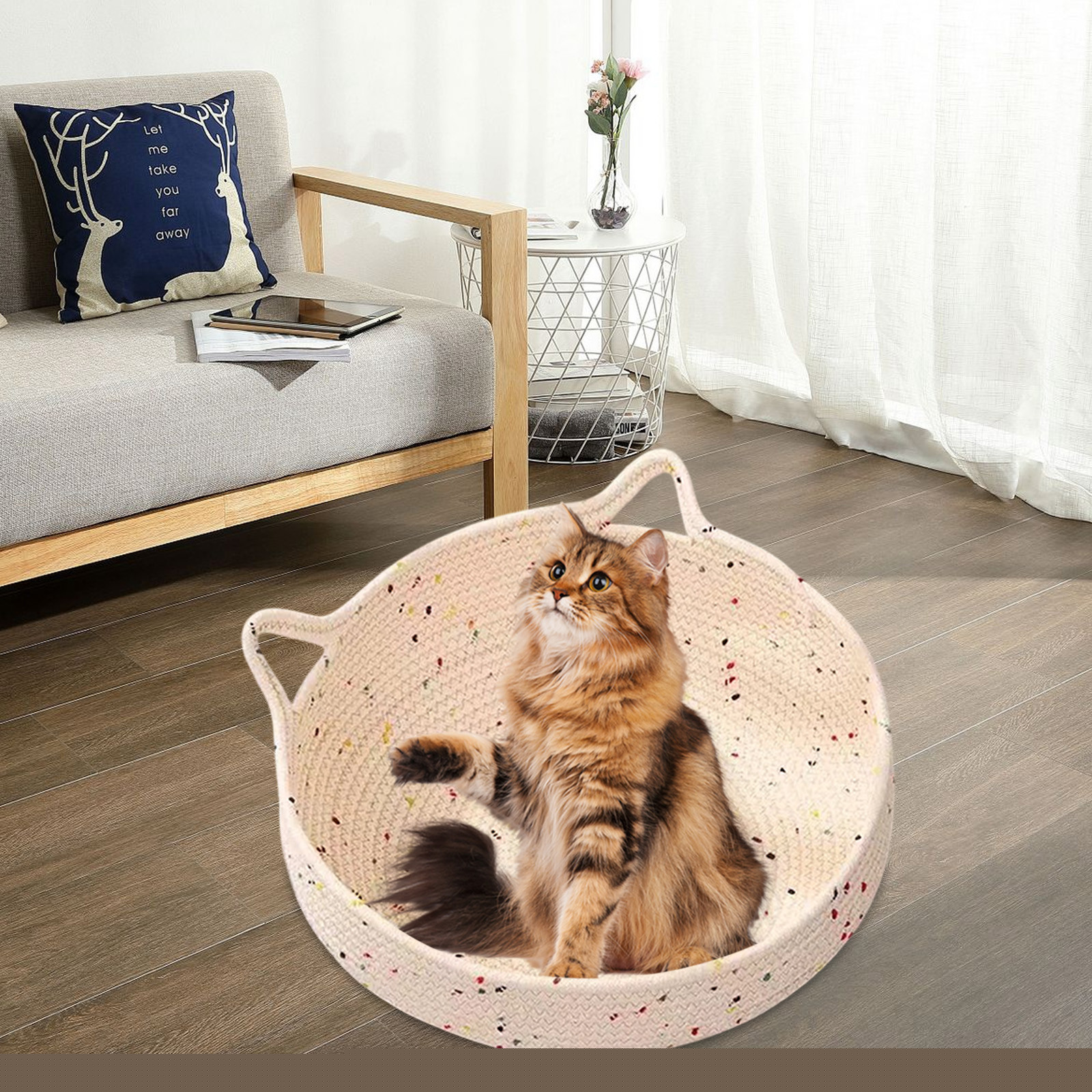 thumbnail image 5 of Hvmvliv Round Cat Bed Woven Scratching Board Beds with Pad Detachable Washable Small Cat Bed Beige, 13x13 in, 5 of 6