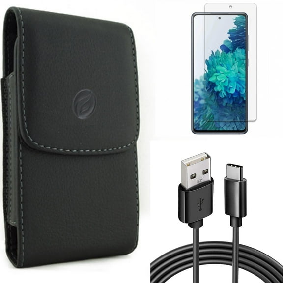 Screen Protector & 6ft USB Cable & Case Belt Clip for Samsung Galaxy S20 Fan Edition - Anti-Glare Tempered Glass   Type-C Charger Cord   Leather Holster Combo
