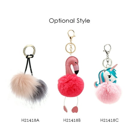 Faux Fur Key Ring Soft Faux Fur Ball Key Chain Pompom Key Ring Handbag Purse Car Pendant Ornament Decor--Flamingo ()