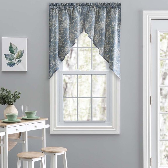 Ellis Curtain Lexington Leaf Pattern on Colored Ground Tailored Swags 58"x36" Blue