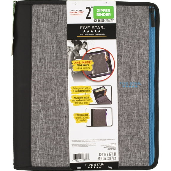 Five Star Color Pop 2" Sewn Zipper Binder Plus Zipper Pouch, Fabric, 605 Sheet Capacity, Round Rings, Teal Blue