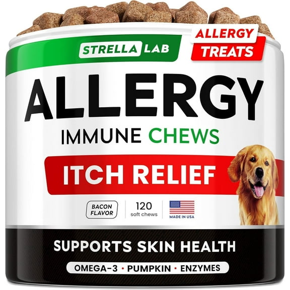 StrellaLab Dog Allergy Relief & Anti Itch Relief for Dogs Chews with Omega 3 - Skin & Coat Immune Supplement with Fish Oil, Pumpkin & Enzymes — Developed by Experts - Made in USA - 120 Count