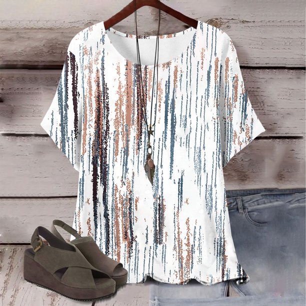 Puntoco Liquidación de blusas cortas para mujer, blusa de manga corta con estampado de moda para mujer, camiseta de cuello redondo